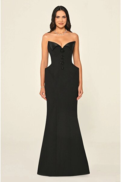 ALFABETA Strapless Beaded Buttoned Crepe Long Dress