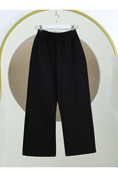 nedo7 Wide Leg Elastic Waist Lace Detailed Jeans - Black