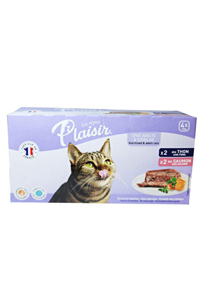 Plaisir طعام القطط البالغة باتيه التونة والسلمون، 4 × 100 غرام، وجبة رطبة ناعمة للقطط