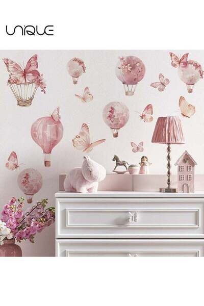 Genericc Unique Cartoon Pink Hot Air Balloon Butterfly Wall Stickers