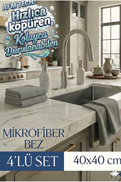 AFM tech (4 Adet ) Mikrofiber Gri Kareli Mutfak Temizlik Bezi | 40*40 cm Leke...