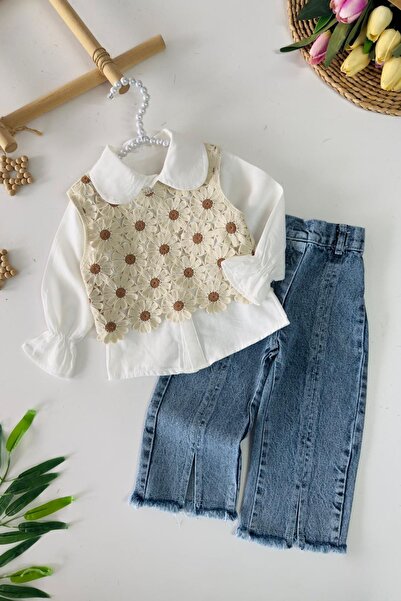 Minigimin Cicileri My Little One's Daisy Knitted Patterned 3-Piece Jeans Set for Girls - Brown