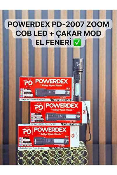powerdex PD-2007 Şarjlı El Feneri | 10W Led, 1000 Lümen, Zoom, Cob Yan Işık +...