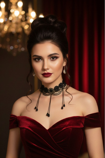 shop Black Lace Choker Necklace - Neck Collar with Dangle Bead Chain Detail -...