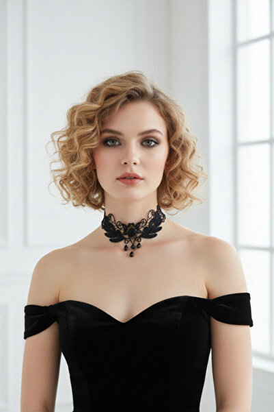 shop Siyah Dantelli ve Boncuklu Gotik Choker Kolye - Viktorya Stil Sallantılı...