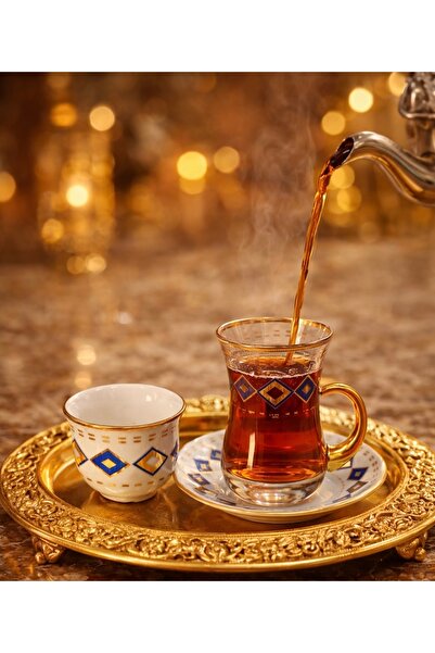 DUKKANI ISTANBUL 18 Piece Tea Cup Set 6-Piece Baklava Blue Gold Tea Cup Set