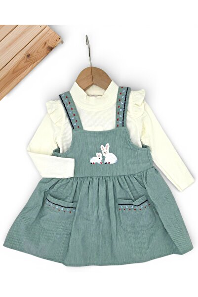 VOY KİDS Kız Çocuk 2-3-4-5-6 Yaş Kadife Salopet, Fitilli Body 2'li Takım, Sal...