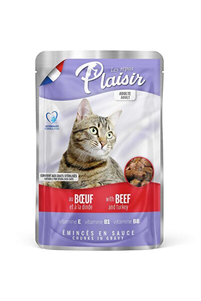 Plaisir قطع طعام القطط مع لحم البقر والديك الرومي في مرق اللحم، وجبة رطبة مغذية للقطط البالغة