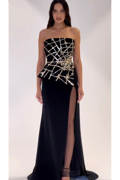 ALFABETA Luxury Black Evening Gown with Geometric Embellishment & Corset Fit