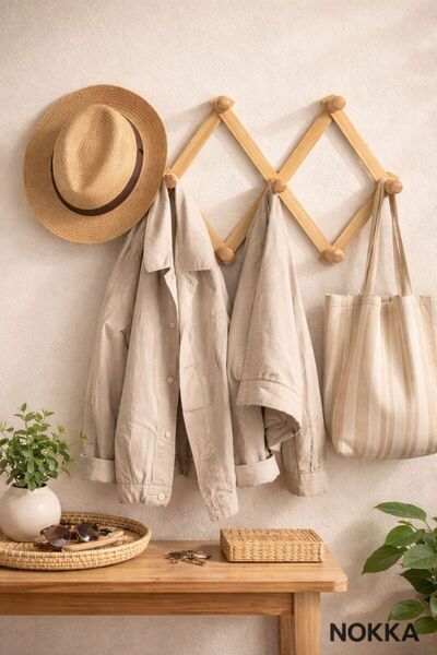 NOKKA Askılık Ahşap Askı Akordiyon Askı 10 Topuzlu Duvara Monte Askı