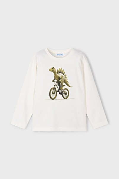 MAYORAL Boy's Regular Fit Long Sleeve Dinosaur Printed T-Shirt - Cream