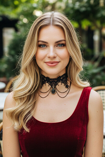 shop Siyah Dantel Choker Kolye - Antik Taşlı Gotik Boyunluk-Zincir Detaylı Vi...