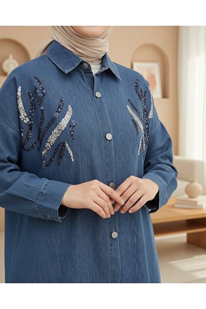Modamorfo Loose Fit Denim Shirt with Sequin Metal Buttons - Indigo