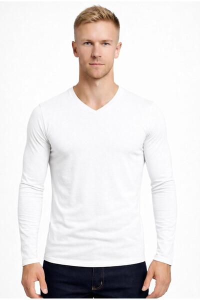 AXXEL Erkek Beyaz Pamuklu Likralı Süprem Uzun Kollu T-shirt-D236