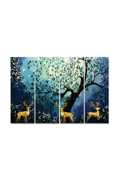 Printoot Golden Deer Forest 4 Panel Canvas Wall Art Modern Nature Living Room Split Painting Decor