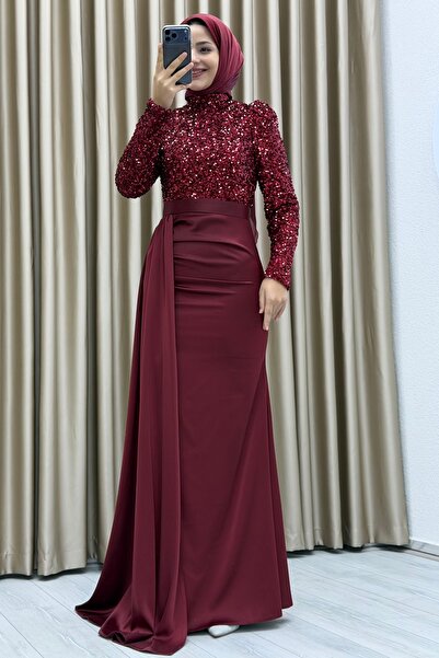 Matik Abiyem Payet İşlemeli Uzun Kollu Drapeli Etek Detaylı Maxi Boy Şık Abiy...