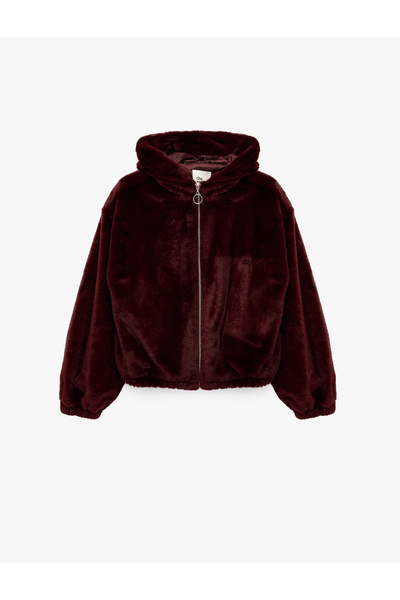 Koton Long Sleeve Hooded Zippered Faux Fur Crop Jacket