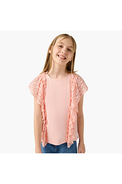 Juniors Lace Insert T-shirt with Crew Neck