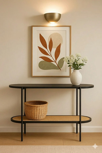 NZONE STORE Black oval console table with bamboo shelf and metal frame