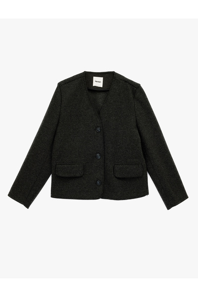 Koton Shepherd's Stitch Detailed Buttoned Long Sleeve Pocketed Cashmere Jacket