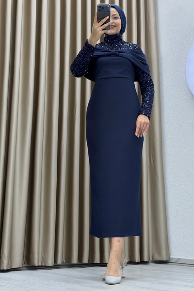 Matik Abiyem Draped Chest Detailed, Sequin Embroidered Long Sleeve D Mock Nec...