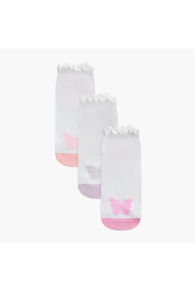 Juniors جوارب قصيرة بنقشة فراشات وحافة مزخرفة - طقم من 3 قطع