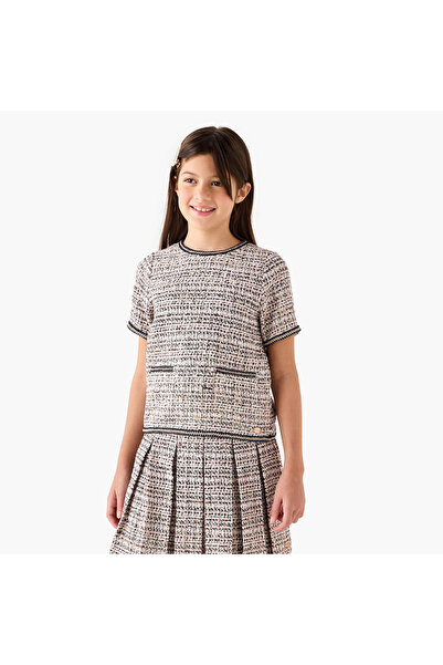 ELIGO Textured Short Sleeve Top and Pleated Skirt Set