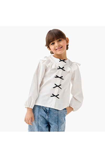 Juniors بلوزة مزينة بفيونكة وكشكشة وأكمام طويلة