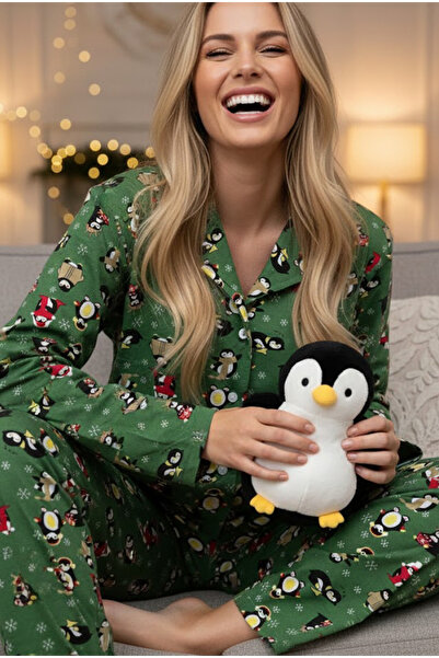 Siyah İnci Green Penguin Patterned New Year Themed 100%Cotton Knitted Buttoned Pajama Set 7602