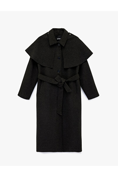 Koton Detachable Cape Collar Cashmere Coat Belted Long Sleeve Buttoned with P...
