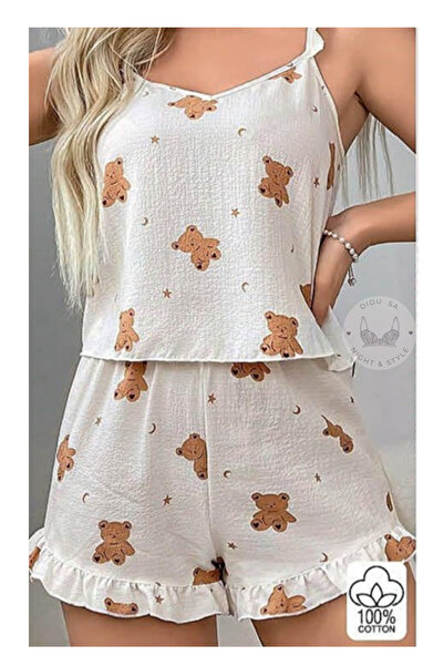 DİDU SA Ayıcık Figürlü Beyaz Askılı Üst ve Beli Lastikli Şort Takımı