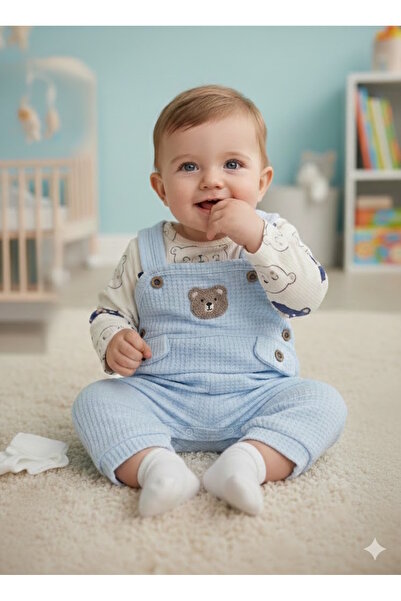 NAFİTO Ayıcık Nakışlı Erkek Bebek 3’lü Tulum Seti – Zıbın, Tulum Ve Çorap | 3...