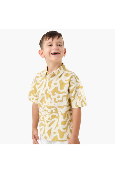 ELIGO قميص مطبوع بالكامل بأكمام قصيرة وأزرار للإغلاق