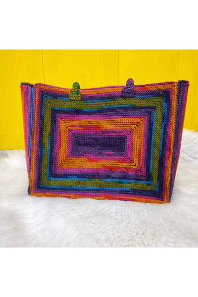 Masal Gurumi KANVAS DİKDÖRTGEN EL ÖRMESİ KADIN KOL OMUZ ÇANTASI