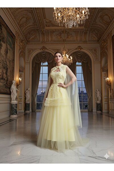 AMAZ "Sunrise" evening dress with embroidered details and chiffon cape