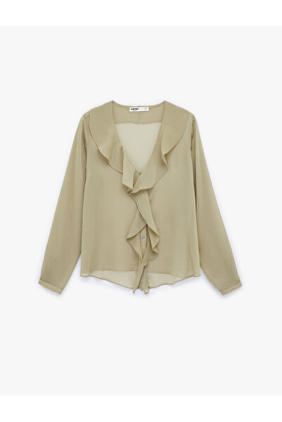 Koton Long Sleeve V-Neck Ruffled Collar Buttoned Flounced Chiffon Shirt