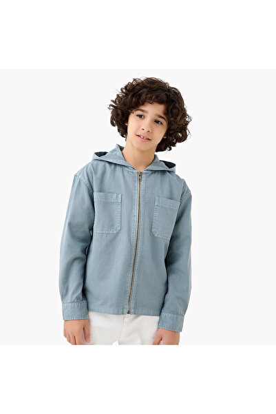 ELIGO Long Sleeve Hooded Zip-Through Shirt with Chest Pocket