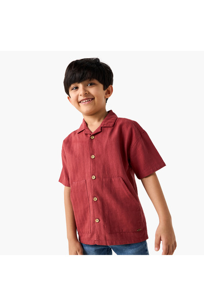 ELIGO Solid Camp Collar Shirt with Short Sleeves and Pocket