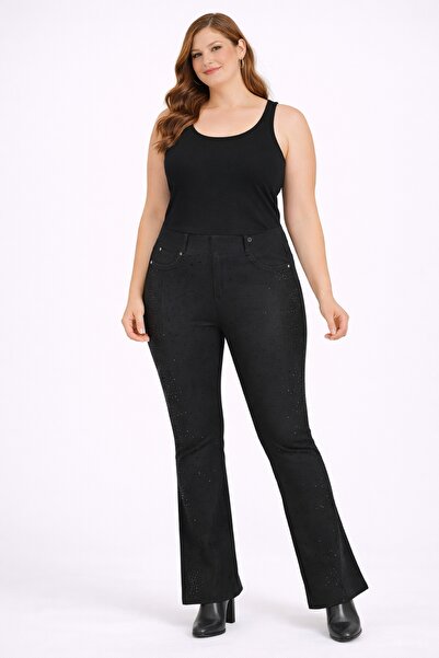 Şans Women's Plus Size Black, High Waist, Stone Detail, Ornamental Pocket Flared Steel Fabric Pants 65N39310
