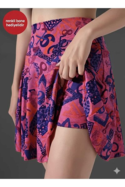 SUERTO DESENLİ Kadın Yüksek Bel Şortlu Etek & Spor Etek Esnek Kumaş