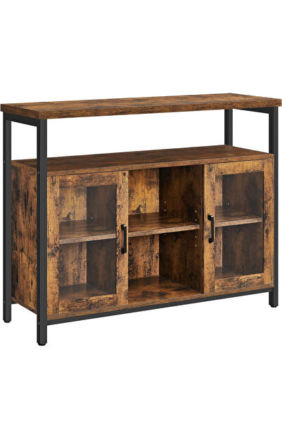 VASAGLE Sideboard, 2 Glass Doors, Adjustable Shelves, Industrial Style, 100x35x80cm, Rustic Brown