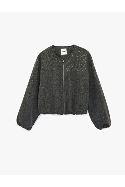 Koton Cepli Uzun Kollu Bisiklet Yaka Crop Taşlı Kaşe Bomber Ceket