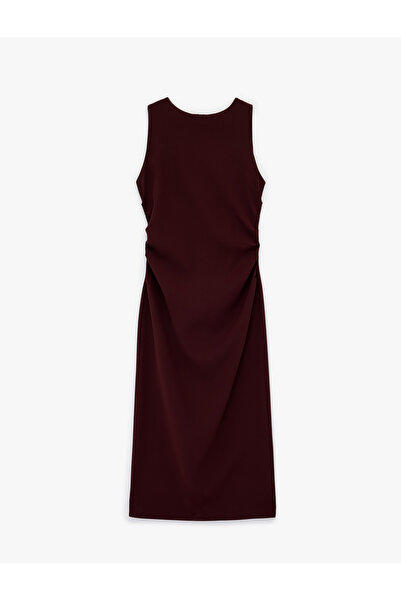 Koton Sleeveless Crew Neck Crepe Fabric Slim Fit Midi Dress with Drape Detail