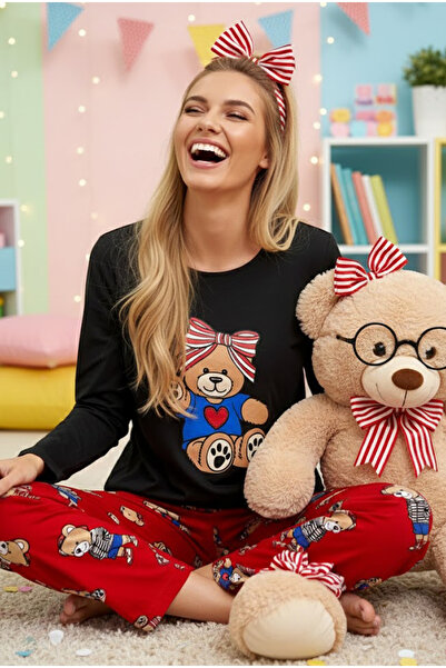 Siyah İnci Women Red Teddy Bear Printed Knitted Pajama Suit 7970
