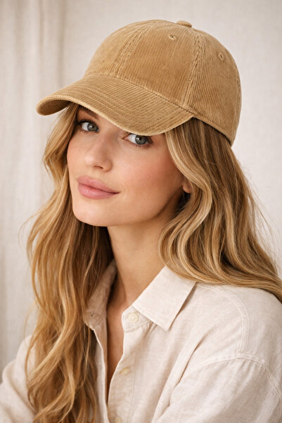 Külah Corded Fabric Textured Velvet Hat with Pale Effect - Camel