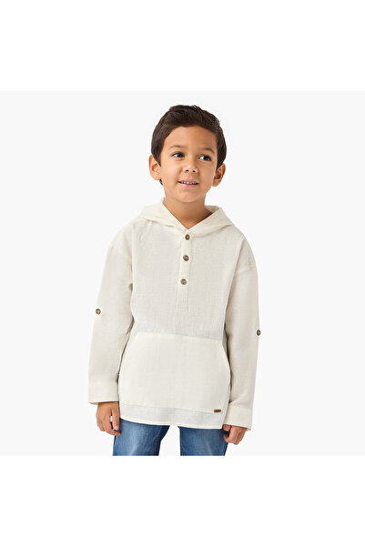 ELIGO Solid Hooded Shirt with Pocket and Long Sleeves