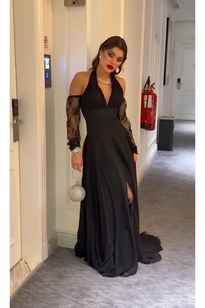 GORI FASHION Classic chiffon dress with a slit and lace sleeves