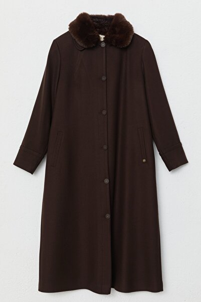 Nihan Büyük Beden Kürk Yaka Kaban Kahve