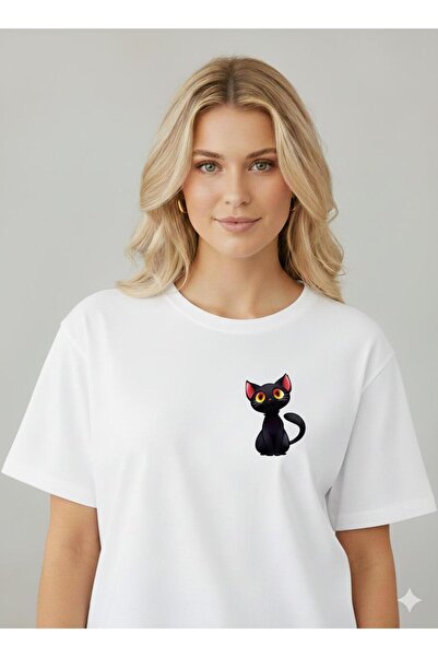 Me&On WEAR تي شيرت بأكمام قصيرة للجنسين من Minimal Black Cat مطبوع