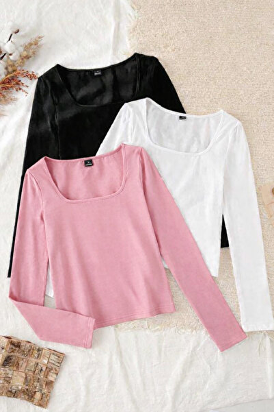 ÖZ PAMUK 3Pcs Square Neck Basic Solid Fabric Long Sleeve Stretch Fabric Blouse